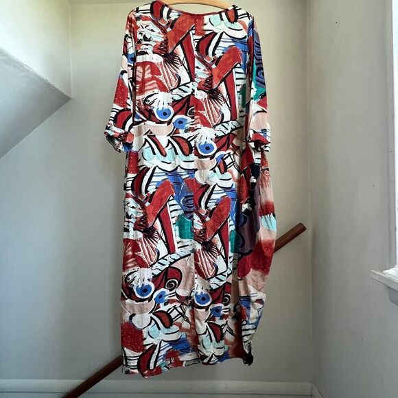 Funky artsy abstract patterned maxi dress laggenlook loose fitting oversized M - Picture 5 of 8